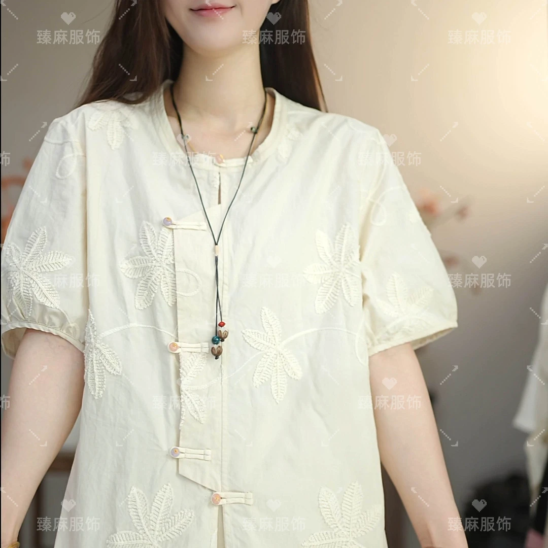 新款爆款夏季花纹刺绣复古时尚宽松简约女士提花套装9091-9092