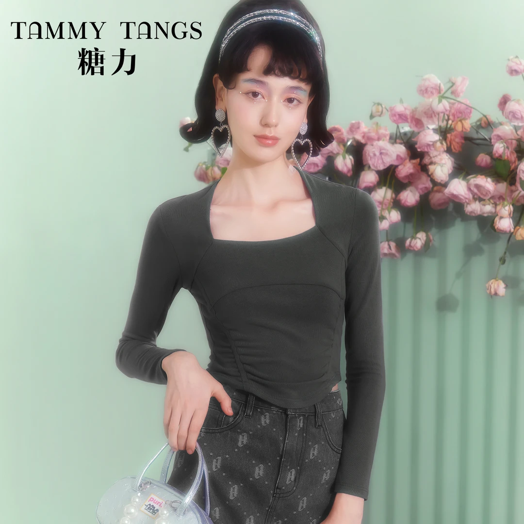 【商场同款】糖力春季新款长袖方领T恤女短款显瘦打底衫上衣