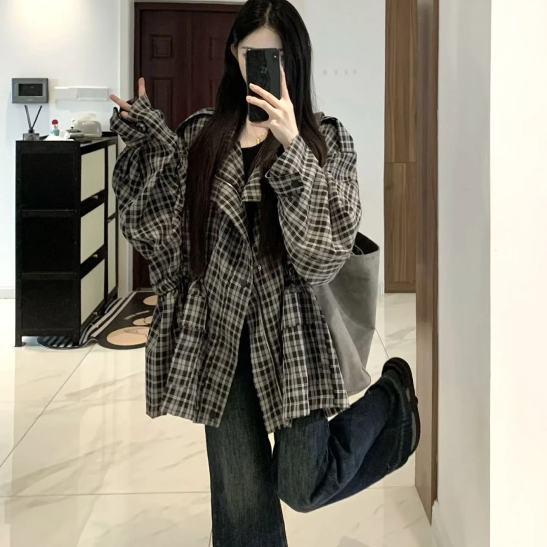 慵懒风格纹开衫夹克外套女春秋设计感小众宽松复古工装上衣高级感