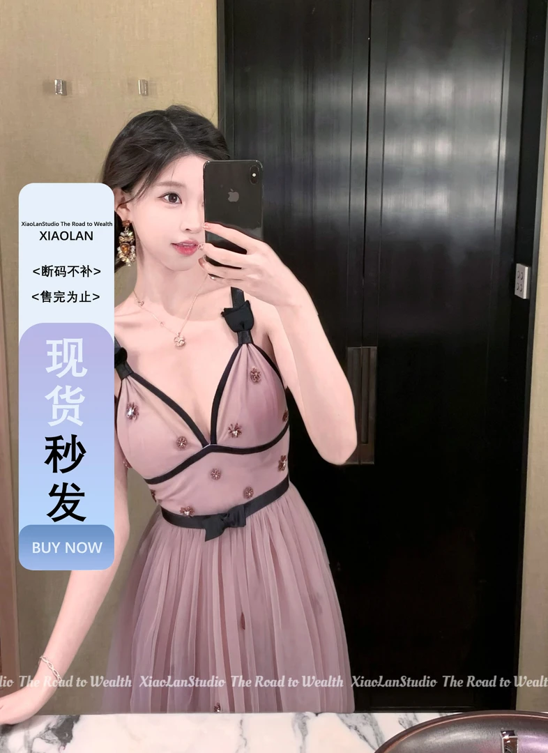 小岚同学「温雅恋曲2.0」气质时尚显瘦法式小众收腰设计感连衣裙