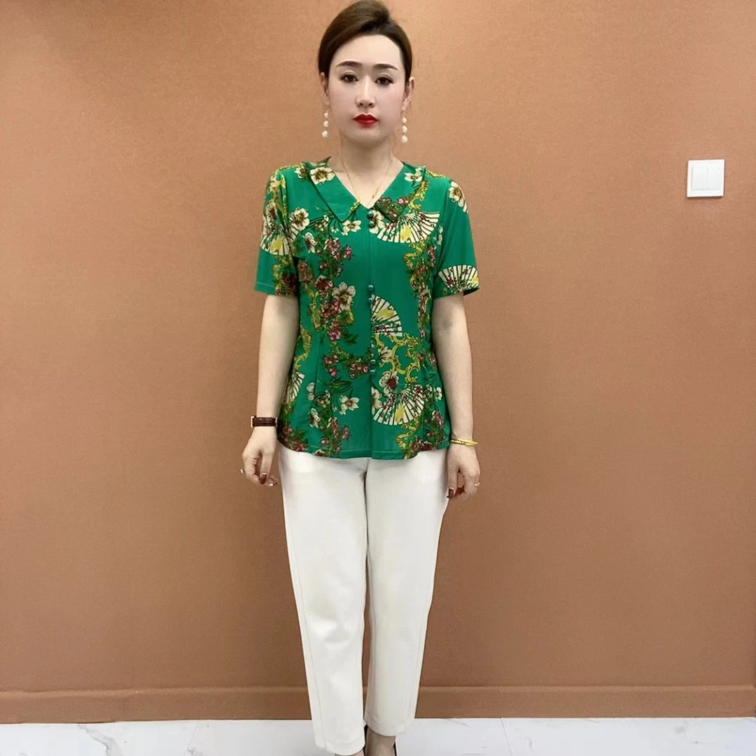 春季新款时尚休闲百搭宽松显瘦遮肉大码中老年妈妈装短袖T恤111