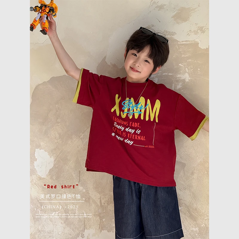 虾酱麻麻男童短袖t恤夏装2025新款男孩红色上衣字母儿童装薄体恤