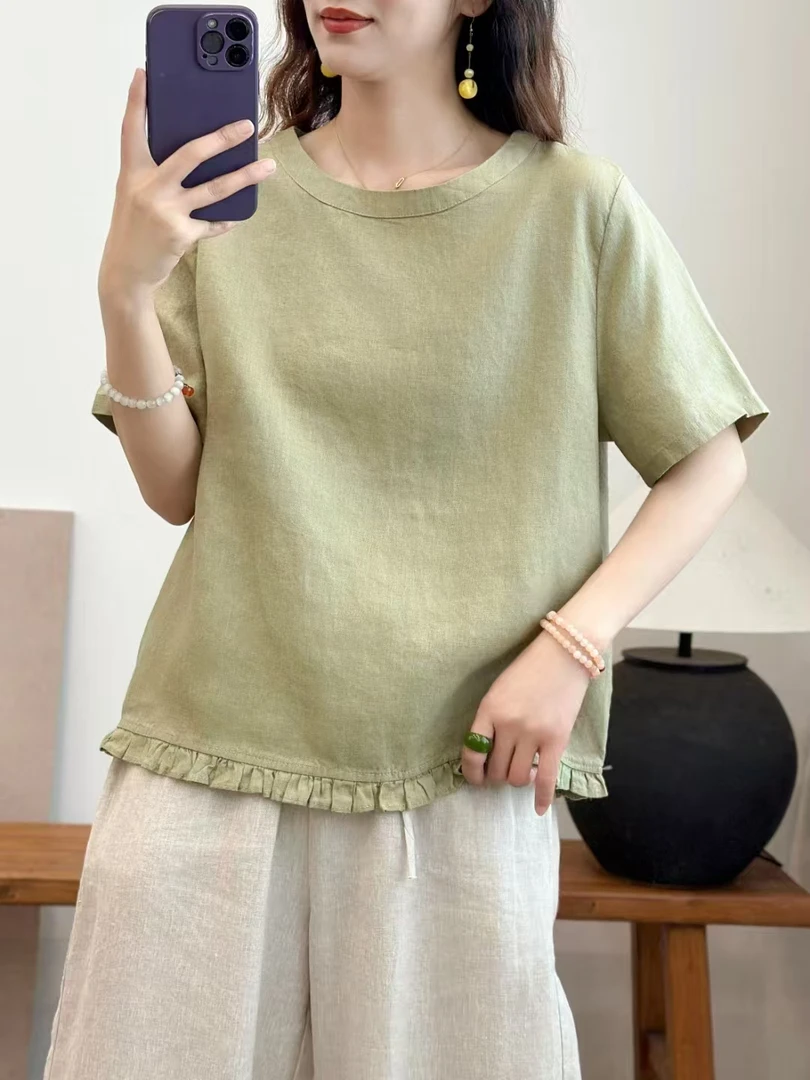 亚麻宽松纯色时尚显瘦休闲型T恤百搭简约宽松半袖高街穿搭