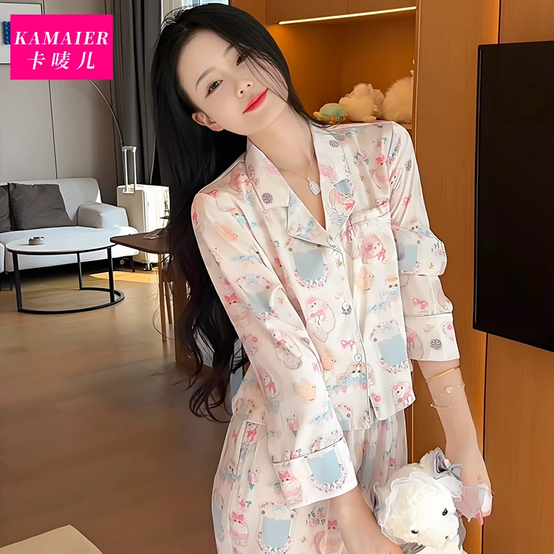 （慵懒猫）春秋气质精休闲长袖睡衣女家居服显瘦可外穿可爱睡裙女款