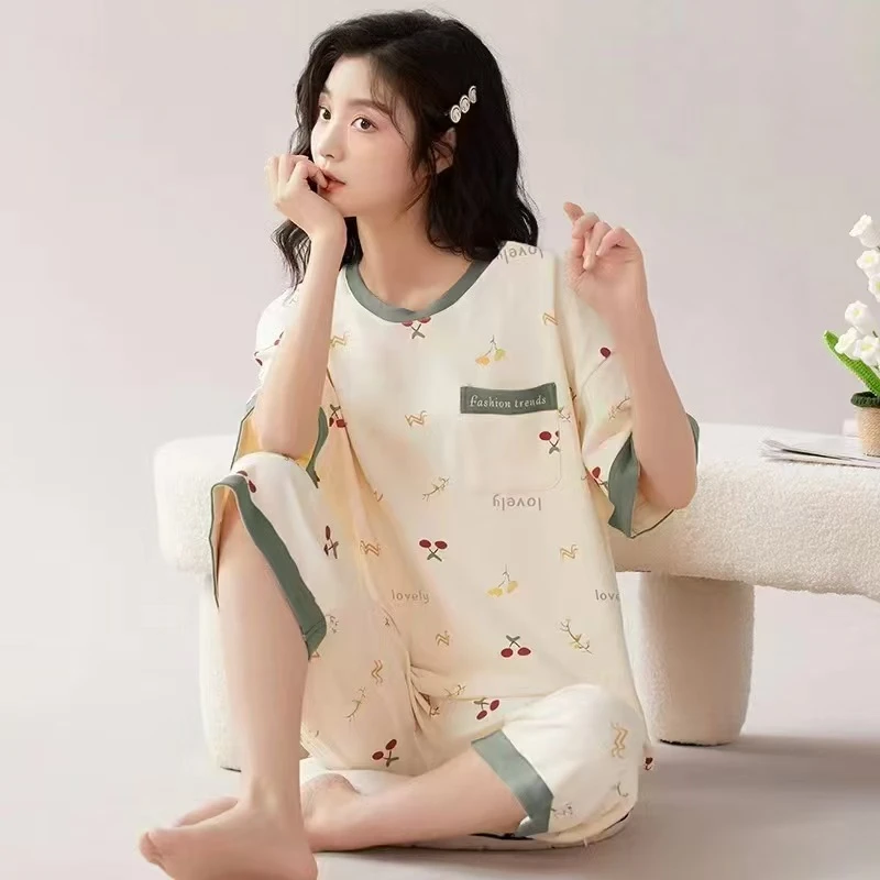 浪莎品牌新款睡衣女三件套夏季薄款短袖七分裤短裤甜美睡裙家ls