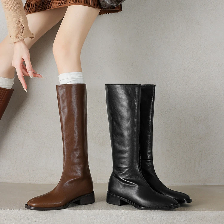 全真皮~3.5cm头层牛皮长靴秋冬新款时尚高筒靴低跟粗跟轻奢高级感