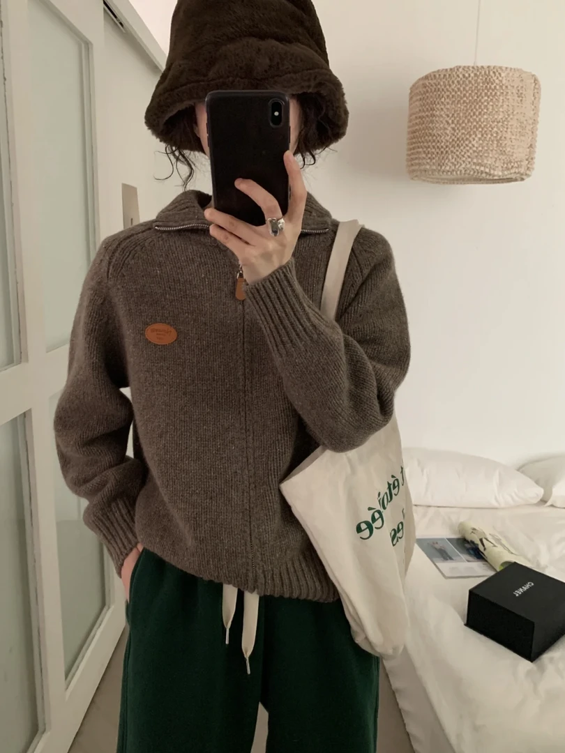 法式气质慵懒风高领拉链毛衣外套女时尚长袖针织开衫9706