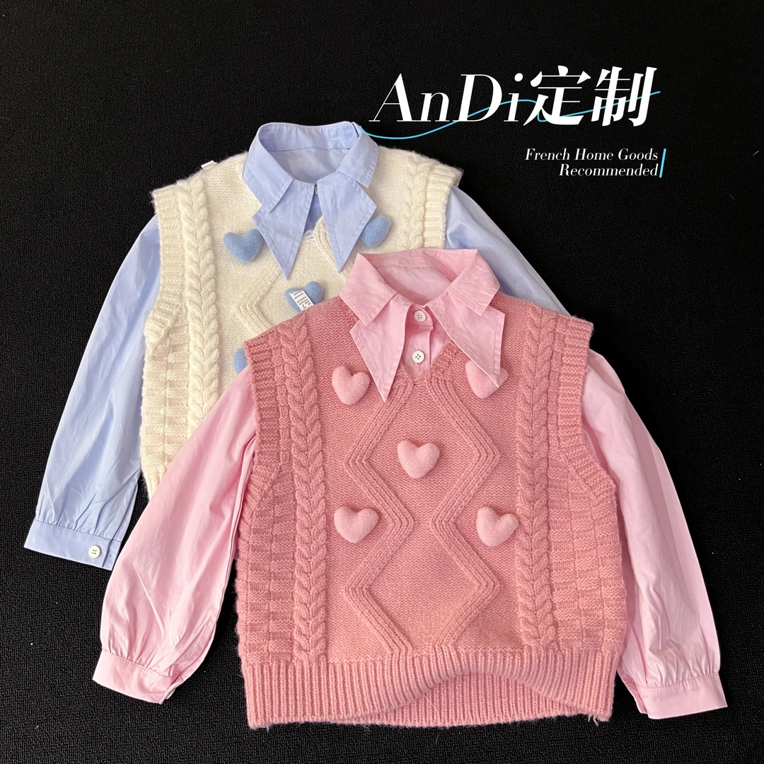 〖ANDI〗订制新款女童爱心针织马甲衬衣两件套套装2805