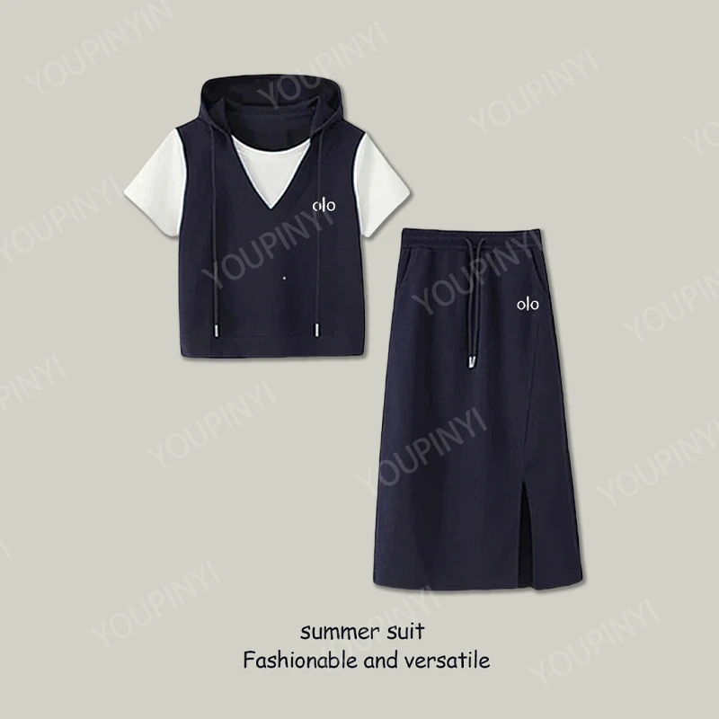 时尚套装女2025夏季新款刺绣假两件拼接上衣半身裙休闲套装两件套