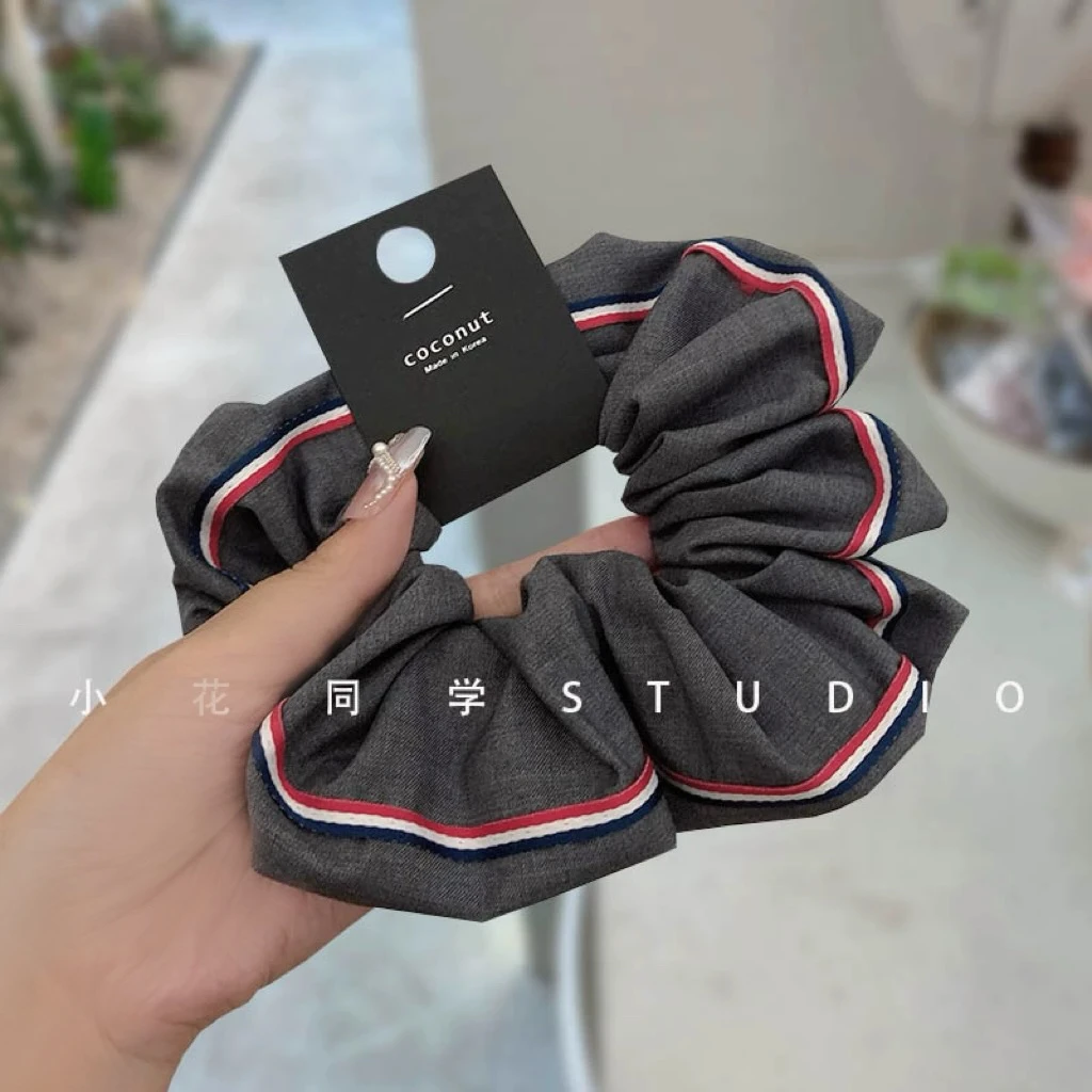 韩国发饰2024新款红白藏青色撞色蓝白条纹轻奢灰色西服发圈大肠圈