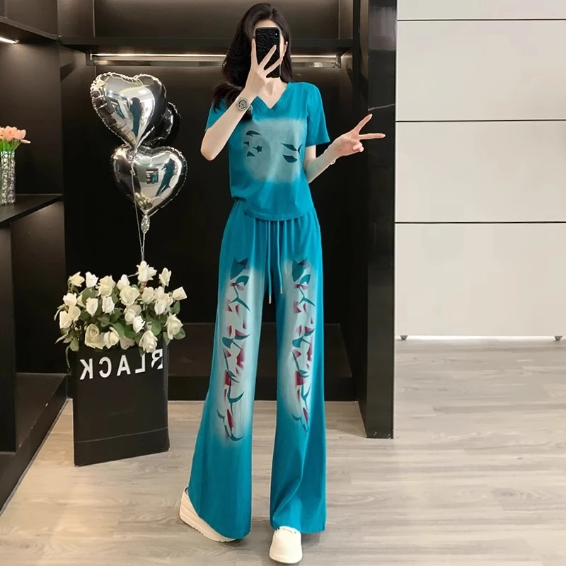 时尚休闲运动套装女士夏2025季新款气质减龄小个子印花短袖两件套