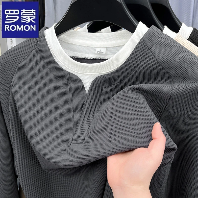 罗蒙个性百搭假两件圆领卫衣男春秋季时尚韩版华夫格男士长袖T恤