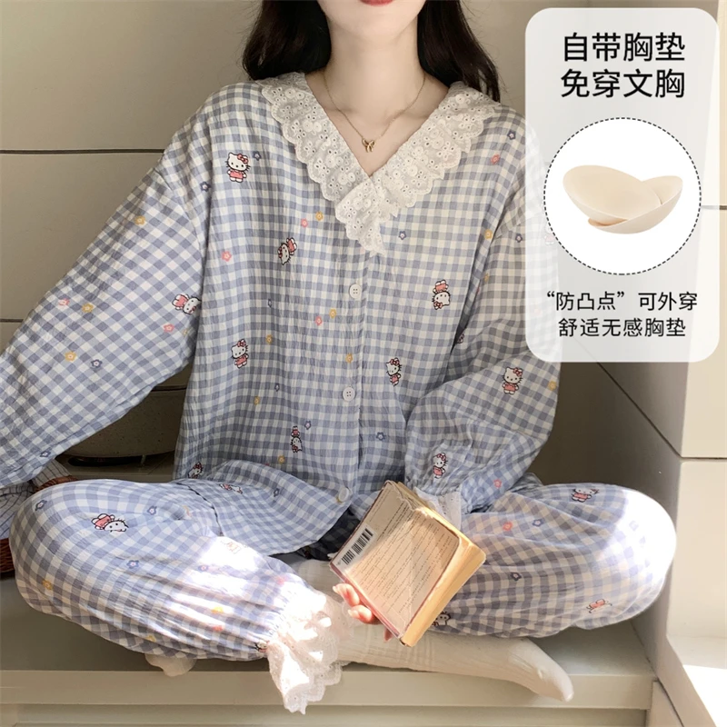 芯语婷春秋季新款格子kt猫云朵泡泡纱女睡衣带胸垫长袖家居服套装