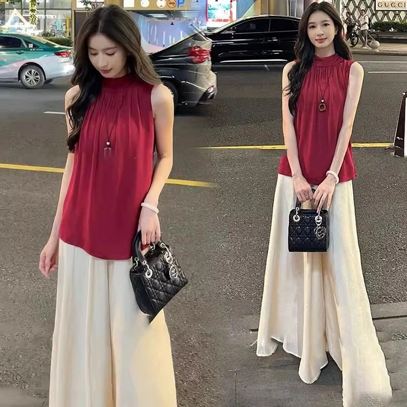 时尚套装女2025夏季新款洋气质宽松显瘦无袖背心上衣阔腿裤两件套