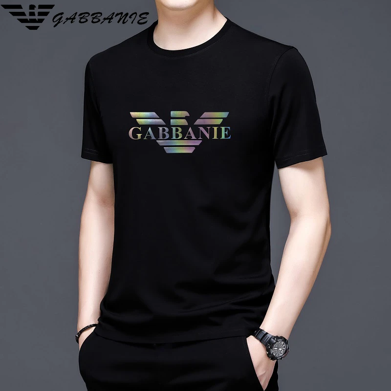 专柜轻奢男士夏季桑蚕丝短袖T恤男装高级感圆领印花冰丝透气上衣