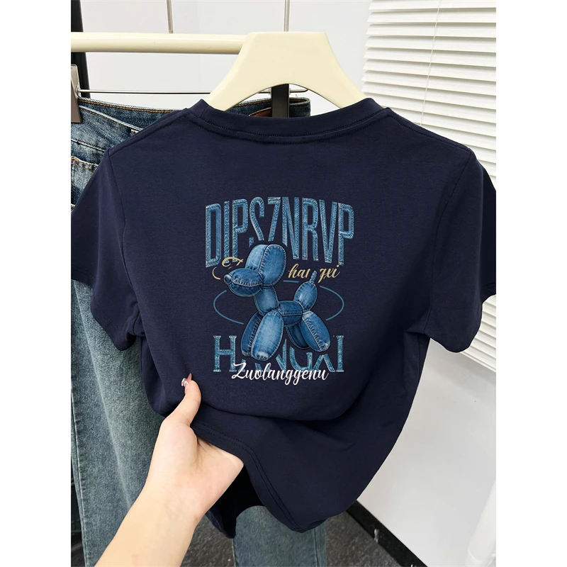 藏蓝色正肩短袖t恤女装夏季胖mm大码前后印花显瘦半袖圆领上衣潮