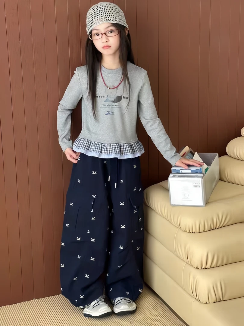 2025秋季新款韩版女童满印花蝴蝶结休闲工装裤