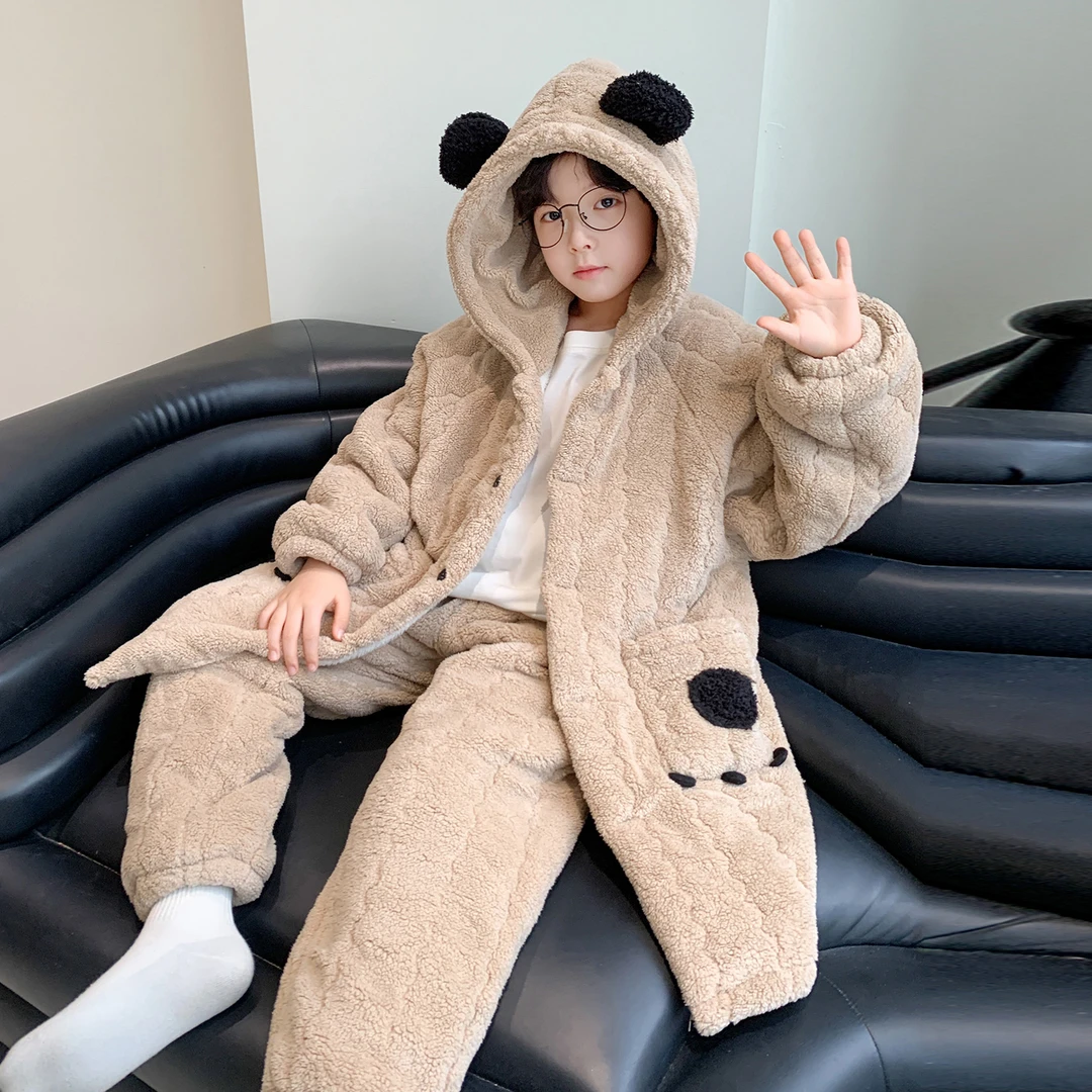 儿童珊瑚绒睡衣2025新款冬装三层夹棉加厚青少年初中生男童家居服