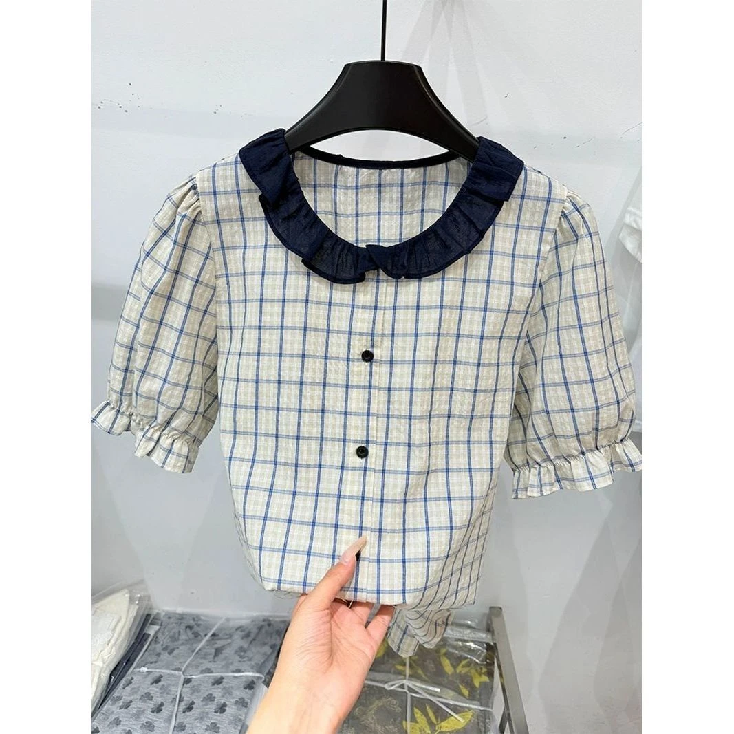 韩系2025款时尚花边娃娃领格子单排扣宽松百搭泡泡短袖衬衫女