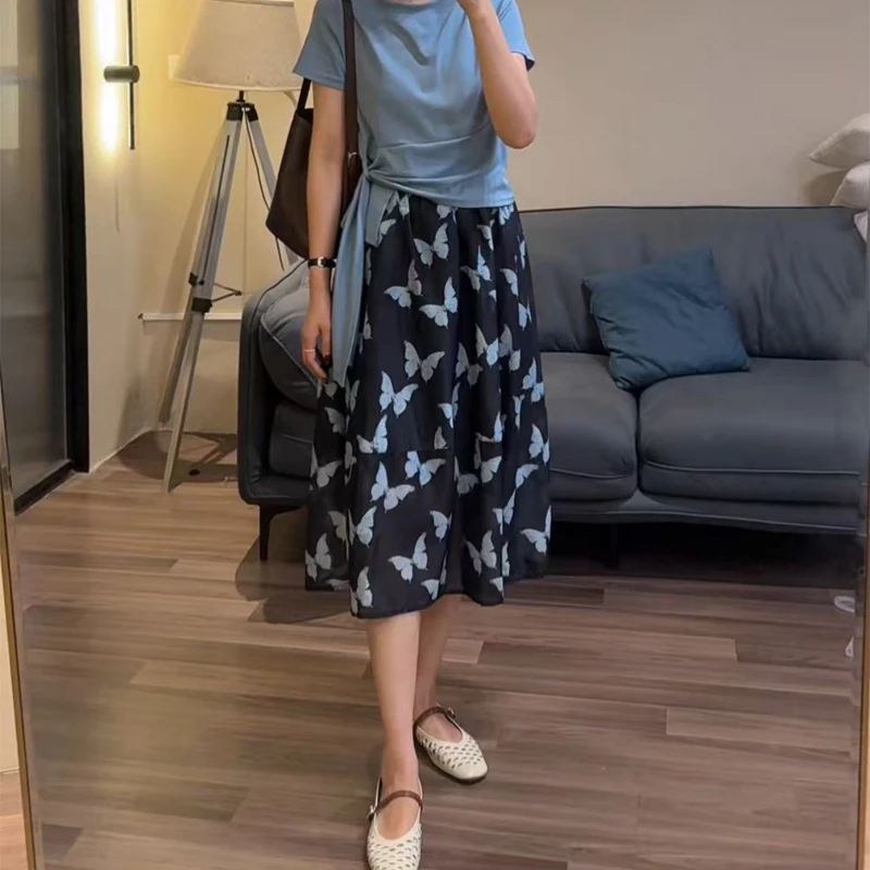 欧货蝴蝶印花A字半身裙女夏季新款度假风高腰显瘦中长款裙子25099