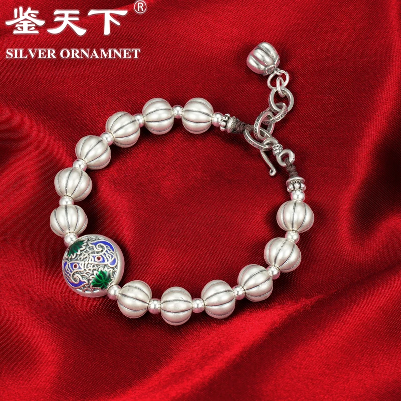925银珐琅手链 [鉴天下]南瓜珠双锦鲤流苏手链06100160气质民族风