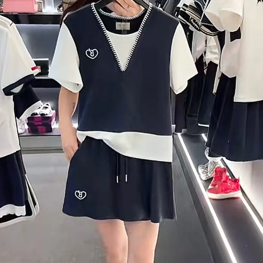 夏季T恤短裙设计师款丨<假两件真套装>宽松V领套装