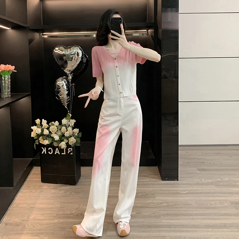 渐变色V领短袖针织衫女t恤上衣烫钻阔腿牛仔裤高街垂感直筒长裤子