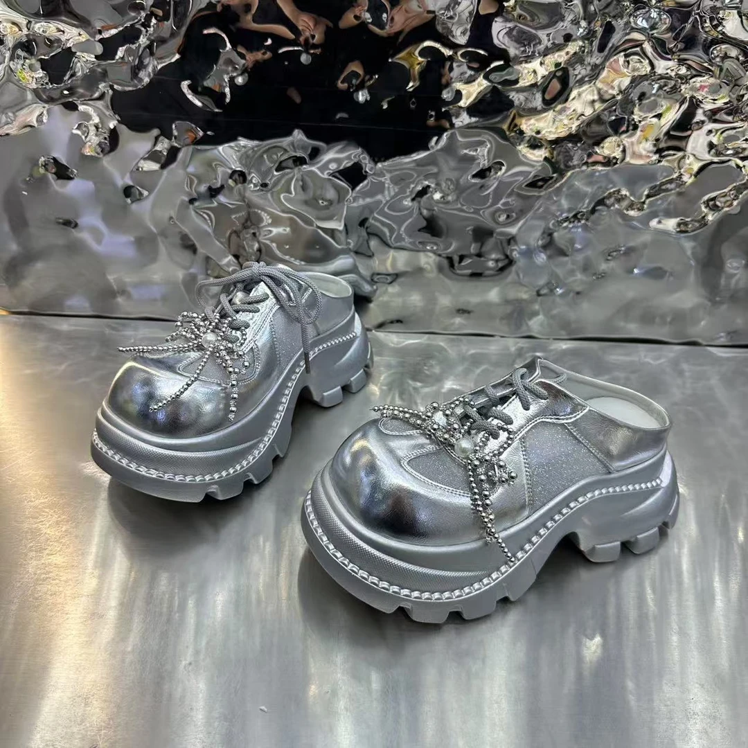 英伦风大头网纱厚底包头拖鞋女2025新款外穿半拖鞋休闲乐福鞋女拖