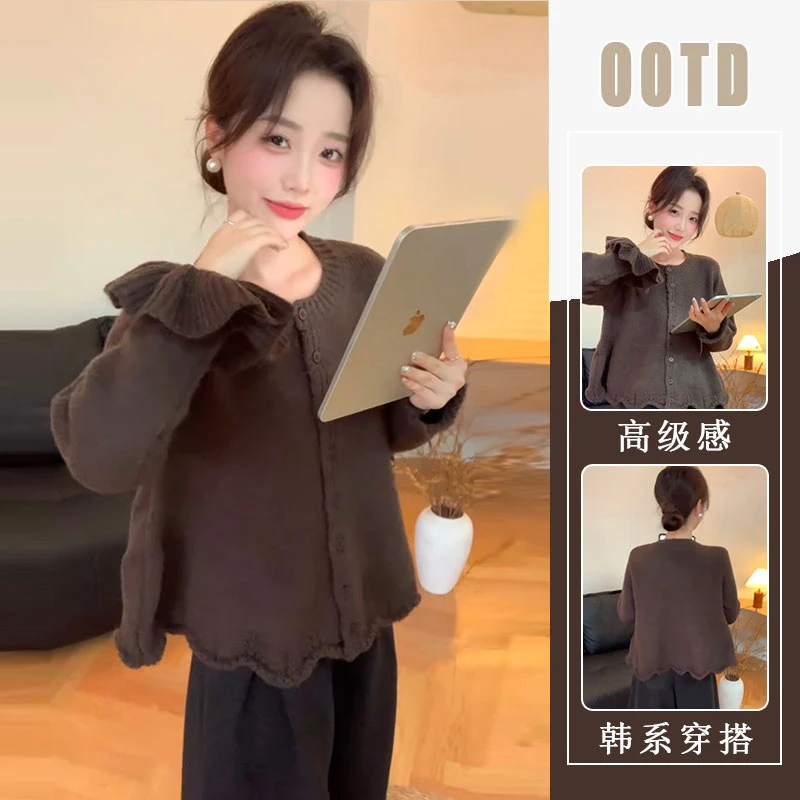 小花裙摆设计法式秋季花边长袖百搭显瘦外套开衫上衣裤子两件套女