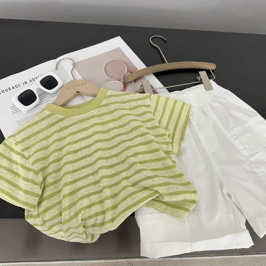 【两个小盆友】2025儿童夏季韩版休闲条纹宽松短袖宝宝圆领T恤7335