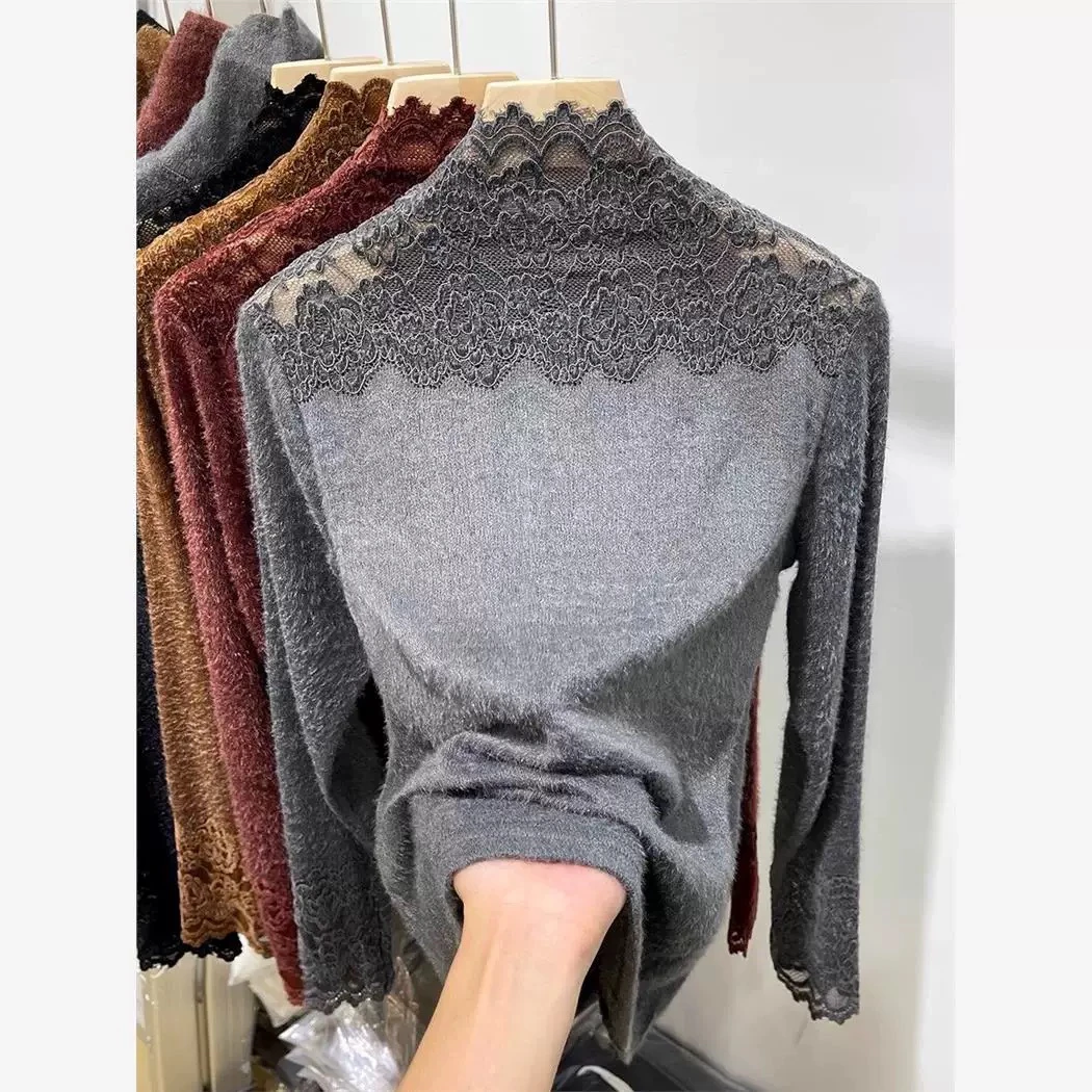 秋冬半高领绞花针织衫女修身毛衣内搭打底衫蕾丝打底012