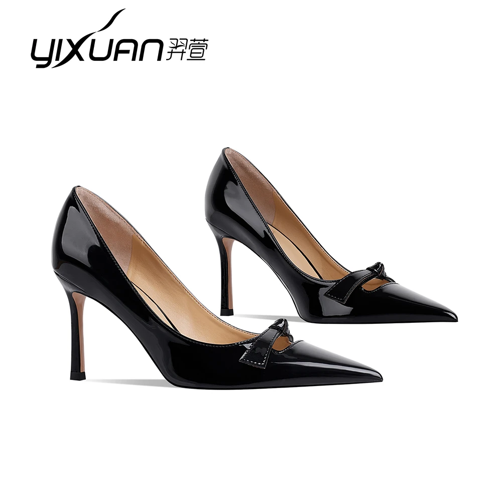 2025春季新款高跟鞋女欧美浅口细跟尖头单鞋漆皮蝴蝶结女鞋