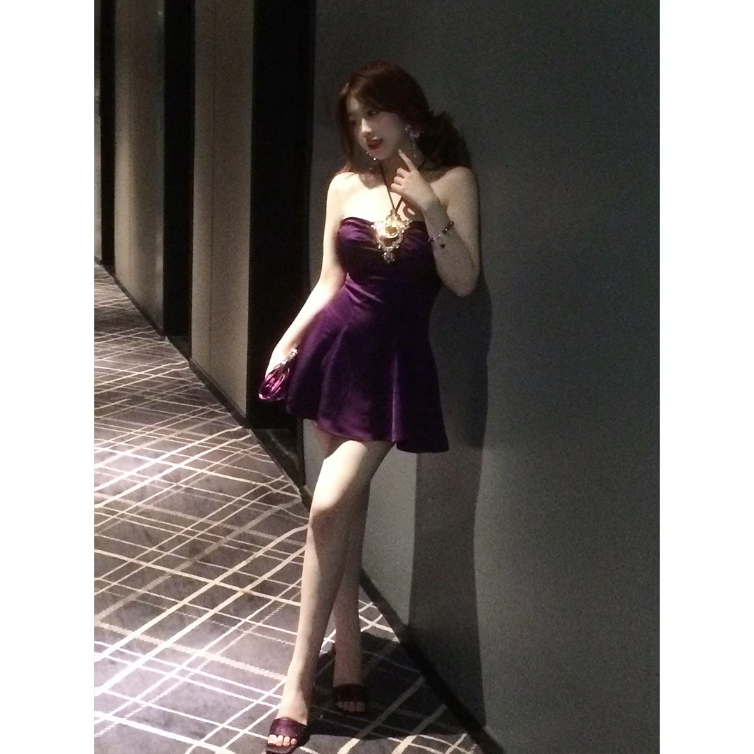 MengFairy【凝夜紫魅】夏季性感轻熟辣妹高腰挂脖连衣裙3884M