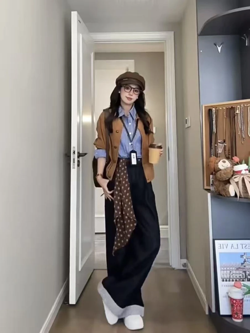 美拉德复古风高级感套装条纹衬衫纯色外套阔腿牛仔裤三件套574598