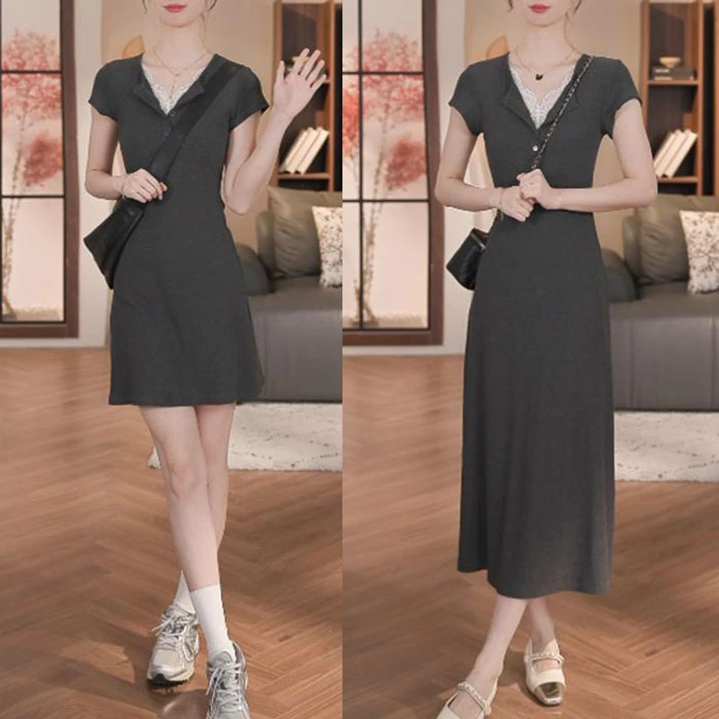 时尚设计感蕾丝拼接短袖连衣裙女夏季新款洋气收腰显瘦舒适裙子潮