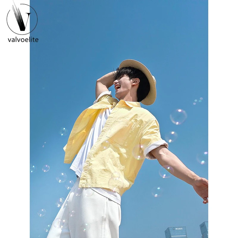 VALVOELITE夏日多巴胺柠檬黄短袖衬衫男款高级感元气轻活风穿搭休
