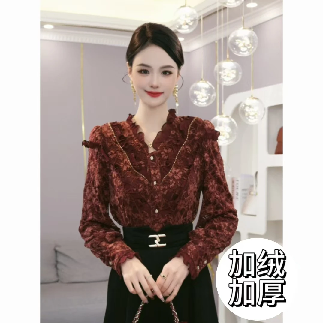 唐熹加绒加厚2025年秋冬新款【LT-D860】轻奢洋气蕾丝衬衫开衫上衣