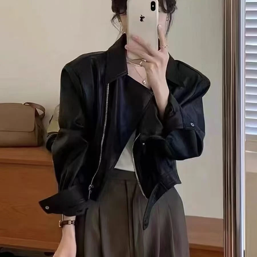 复古皮衣外套女短款2025秋新款翻领欧货PU机车小皮夹克潮#8805