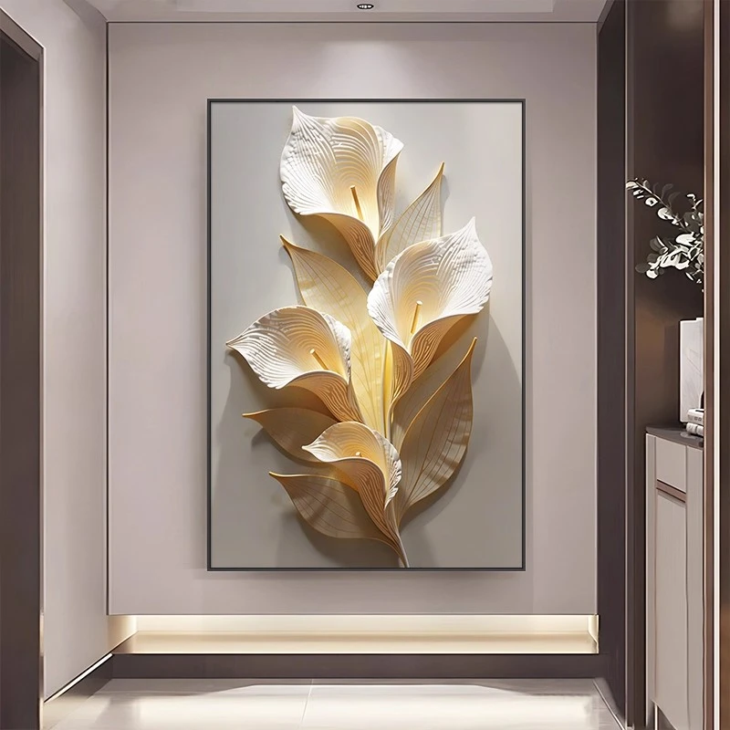 金色花卉入户正对门挂画现代简约餐厅装饰画大气竖版走廊过道壁画