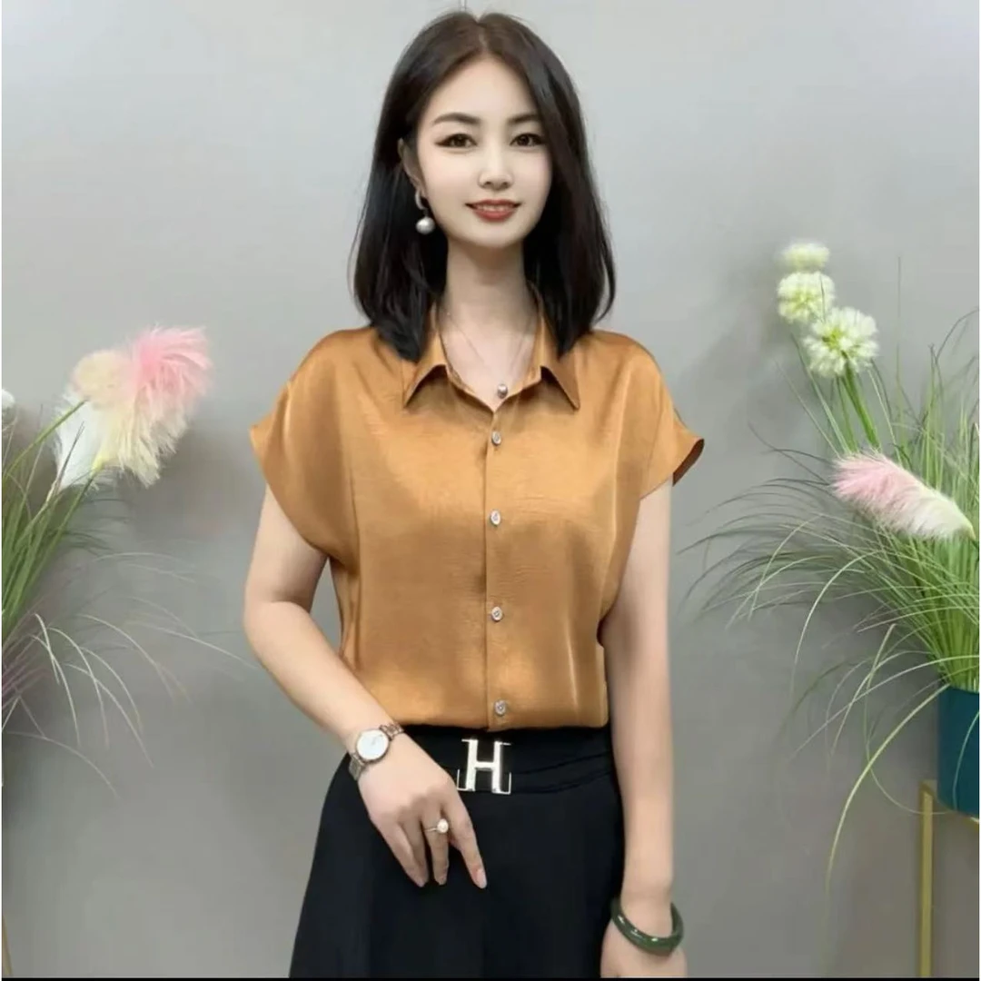 2025新款夏季短袖缎面翻领宽松薄款衬衫纯色时尚气质休闲小衫女