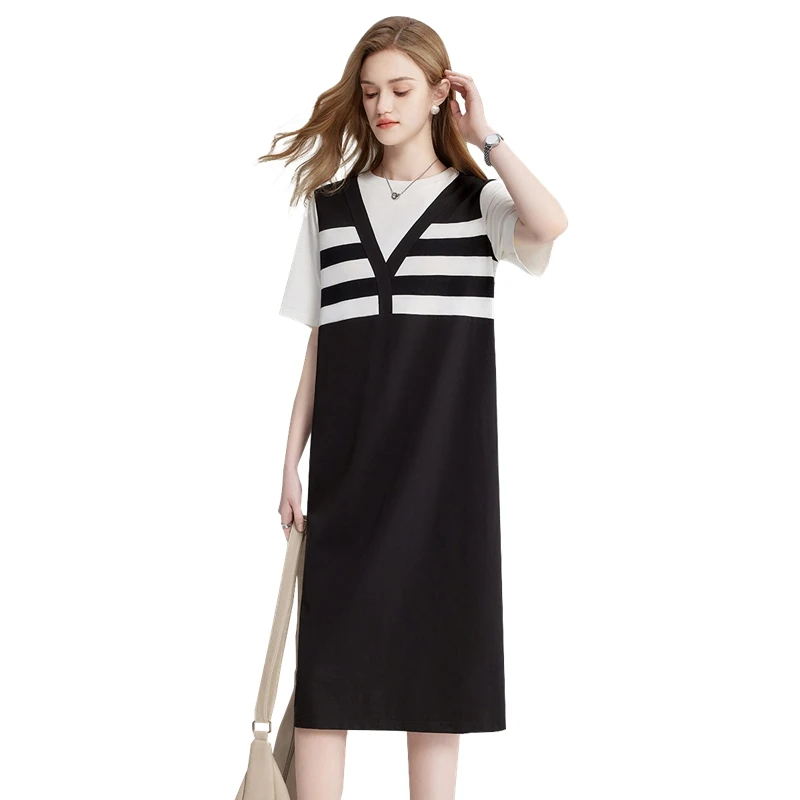她池2025夏装新款女装时尚撞色条纹拼接假两件连衣裙T42B1539LA
