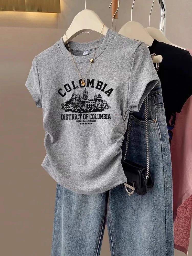 欧货大码女装短袖t恤女胖MM设计感小众修身显瘦遮肉百搭上衣夏季