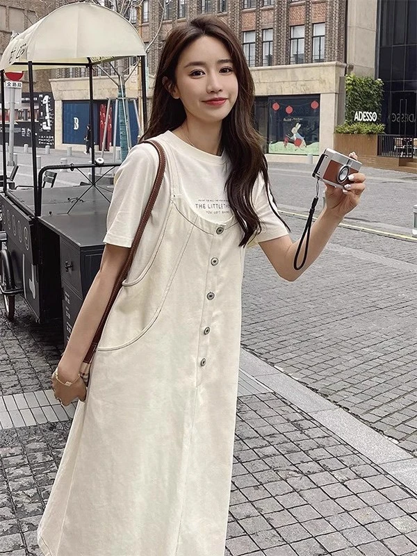 大码300斤森系两件套连衣裙女夏小众设计感短袖T恤牛仔背带裙套装