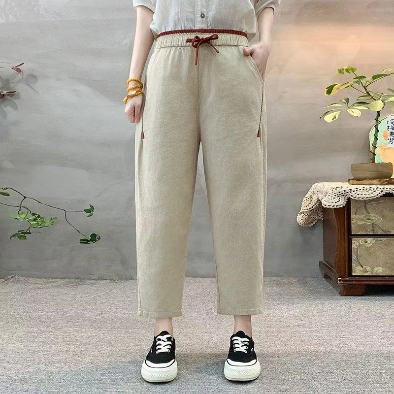 2025新款夏季哈伦裤修身百搭透气薄款休闲女裤高腰九分棉麻裤显瘦