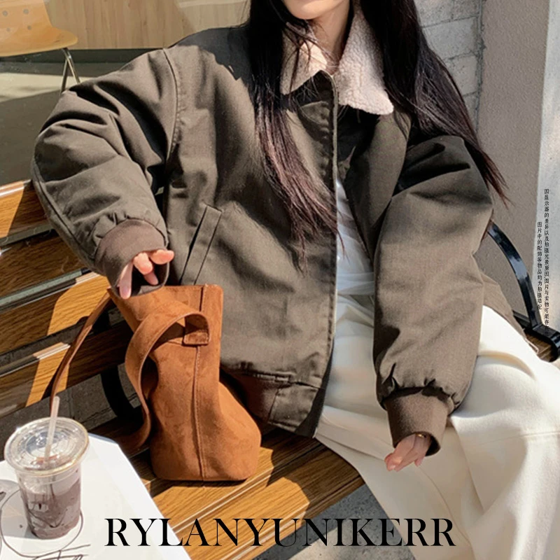RYLAN复古咖色羊羔毛加厚翻领拉链宽松保暖夹克大衣