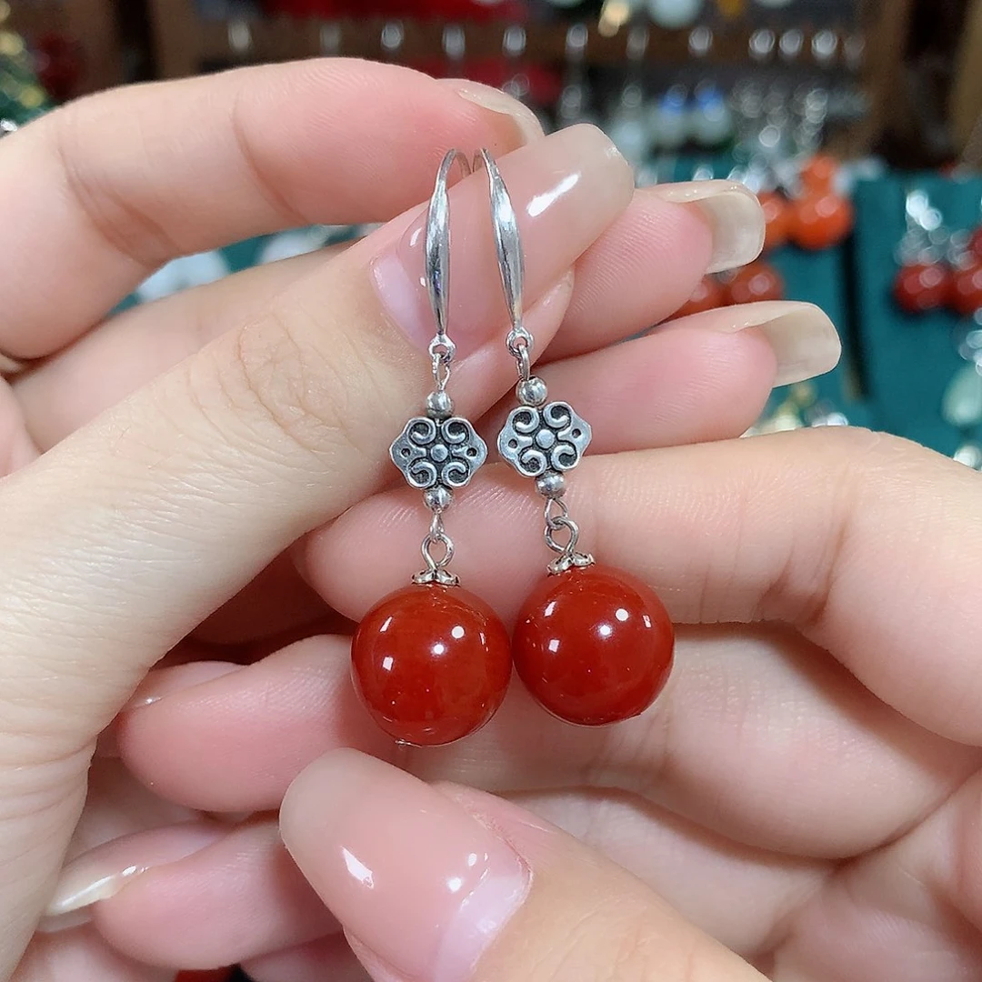 玛瑙/玉髓耳饰银S925镶嵌天然红玛瑙12mm左右（锦红）