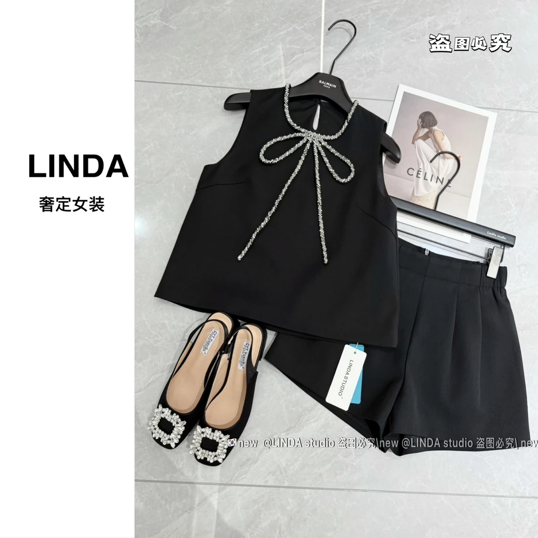 『富家千金』新款重工手工蝴蝶结 背心➕显瘦高腰短裤 两件套