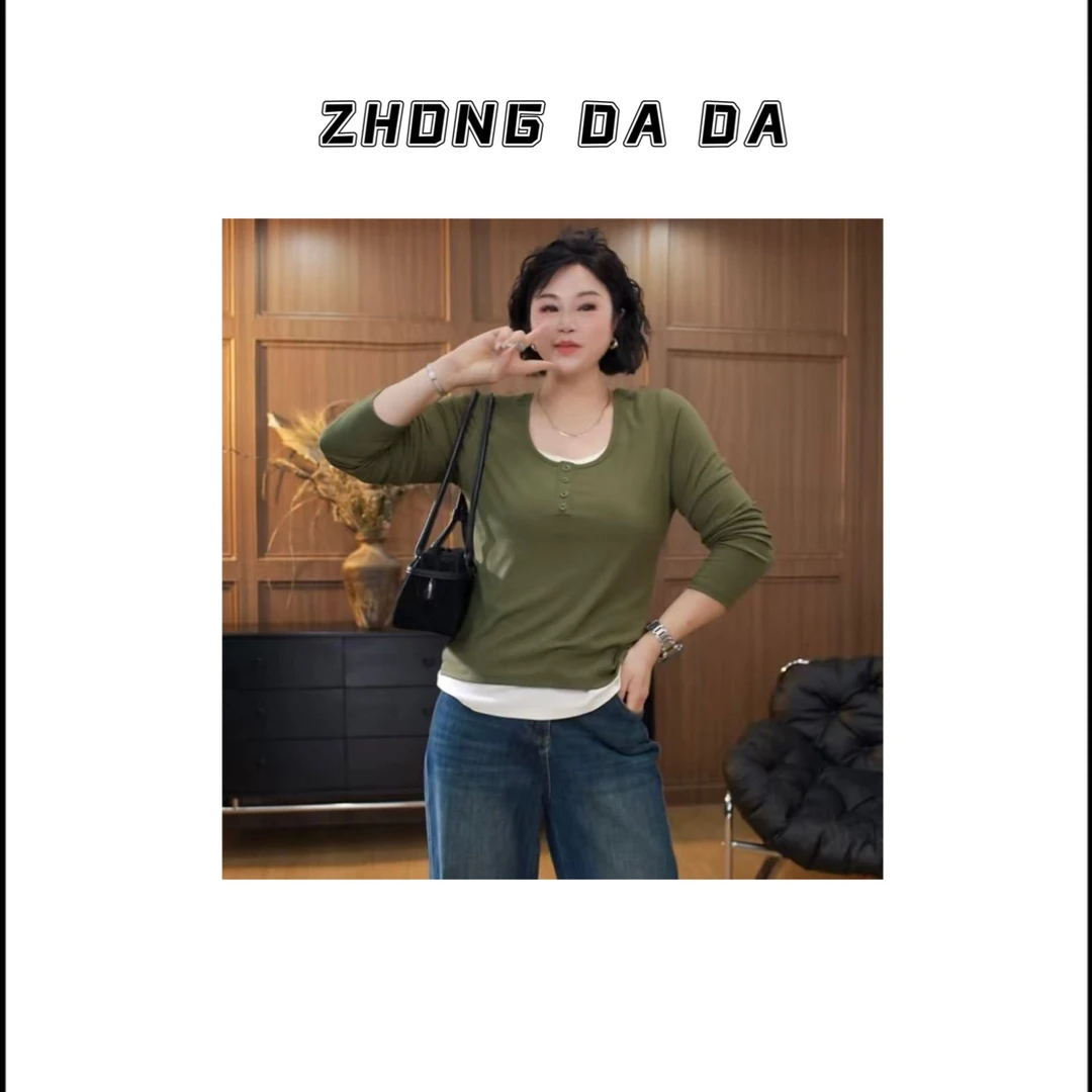 ZHONG大大【】假两件长袖T恤女2025早秋新款时尚百搭显瘦上衣921*