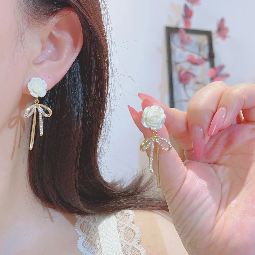 法式甜美花卉镶钻蝴蝶流苏耳环高级感轻奢耳饰-093