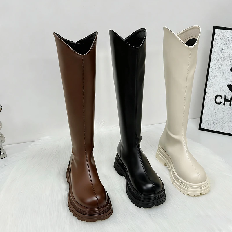 增高5cm 白色V口长筒靴小个子厚底增高长靴2025新款秋冬骑士靴子